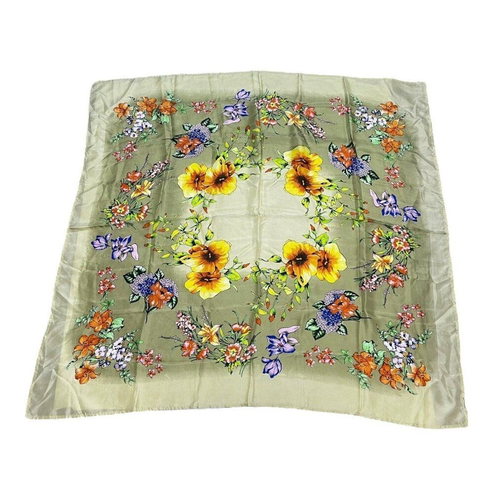 Vismaya Purple Yellow Orange Flowers Floral Print Silk Scarf Spring Summer 42"